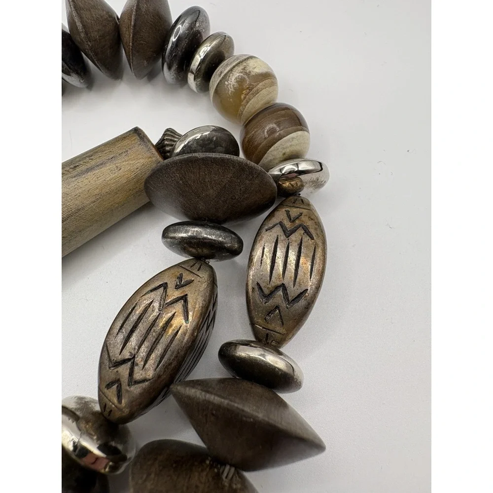 Vtg Designs By Paula Statement Necklace‎ Horn Wood Silver Toned Beads